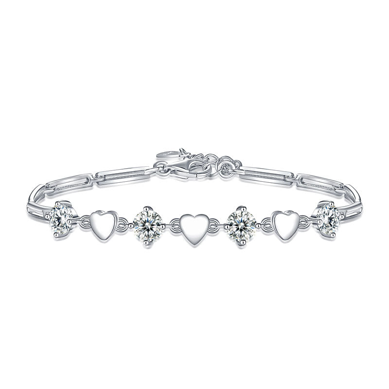 Pulsera ajustable de corazones con diamantes simulados en plata de ley