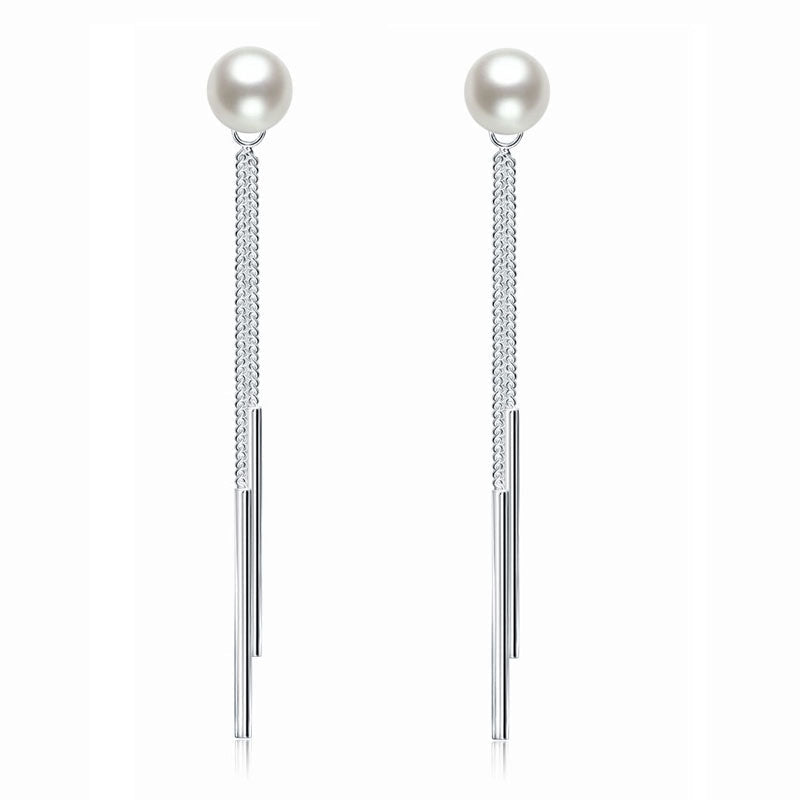 Pendientes largos de perla creada en plata de ley