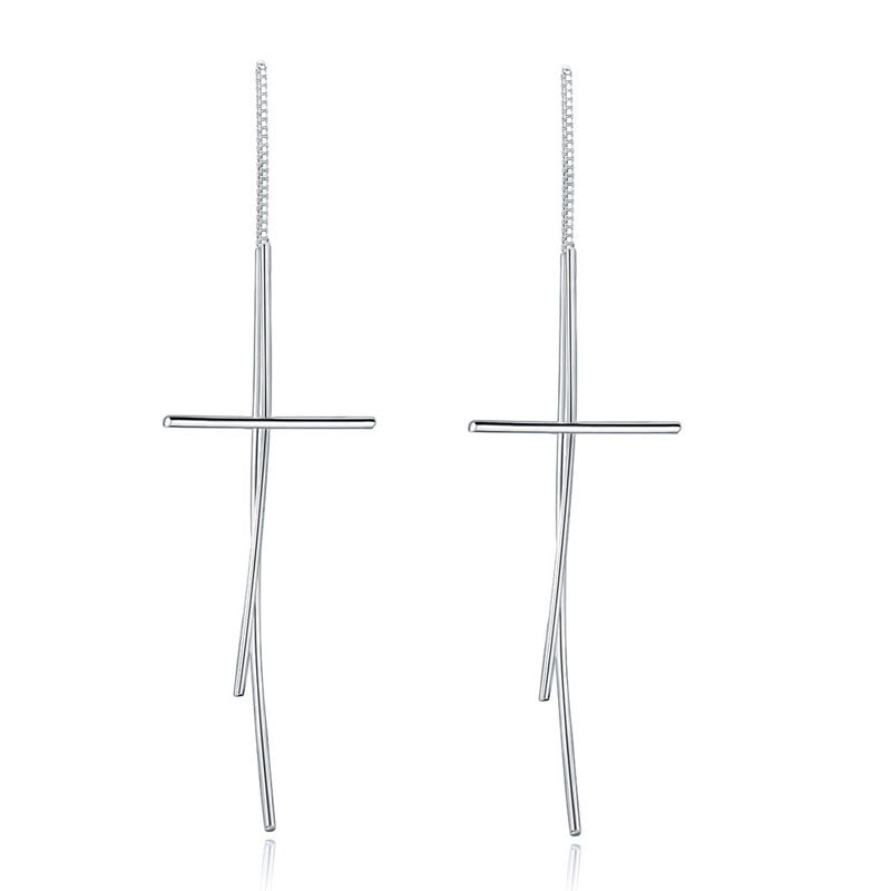 Pendientes largos con forma de cruz en plata de ley