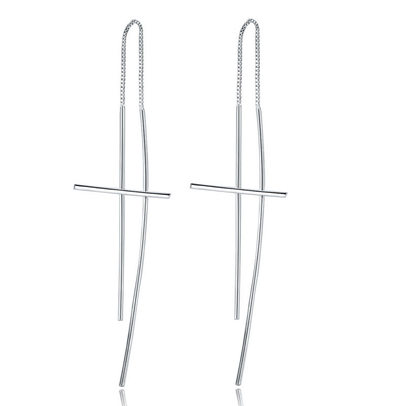 Pendientes largos con forma de cruz en plata de ley