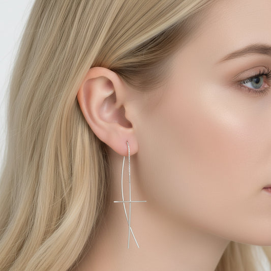 Long Cross Drop Earrings in Sterling Silver