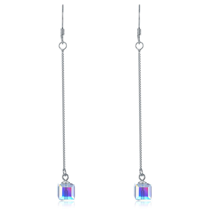 Pendientes largos de cristal austriaco AB en plata de ley
