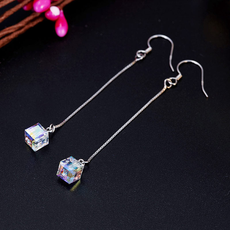 Pendientes largos de cristal austriaco AB en plata de ley