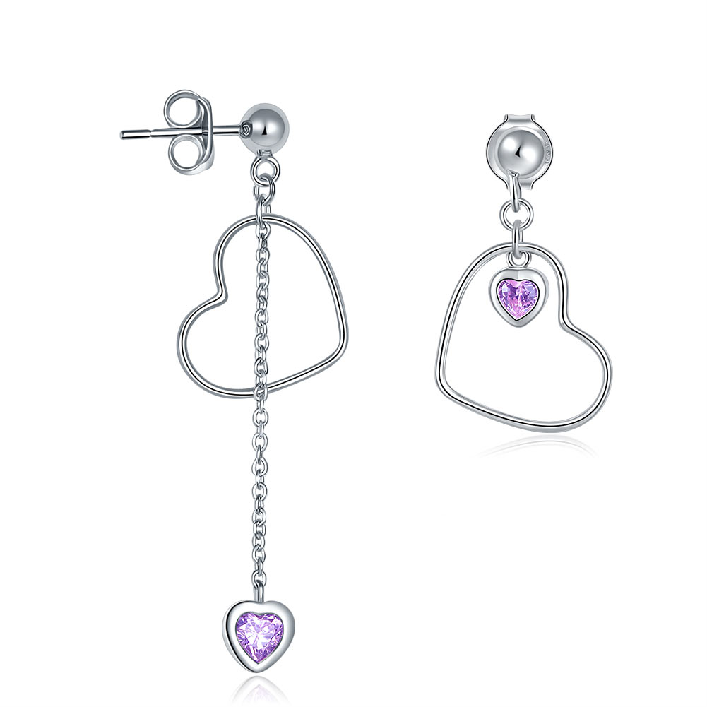 Pendientes colgantes de diamantes simulados rosas con corte de corazón en plata de ley