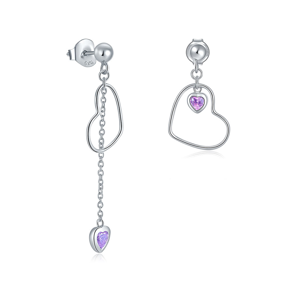 Pendientes colgantes de diamantes simulados rosas con corte de corazón en plata de ley
