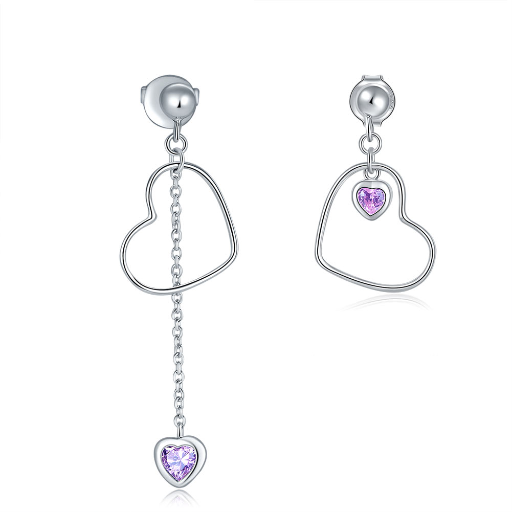 Pendientes colgantes de diamantes simulados rosas con corte de corazón en plata de ley
