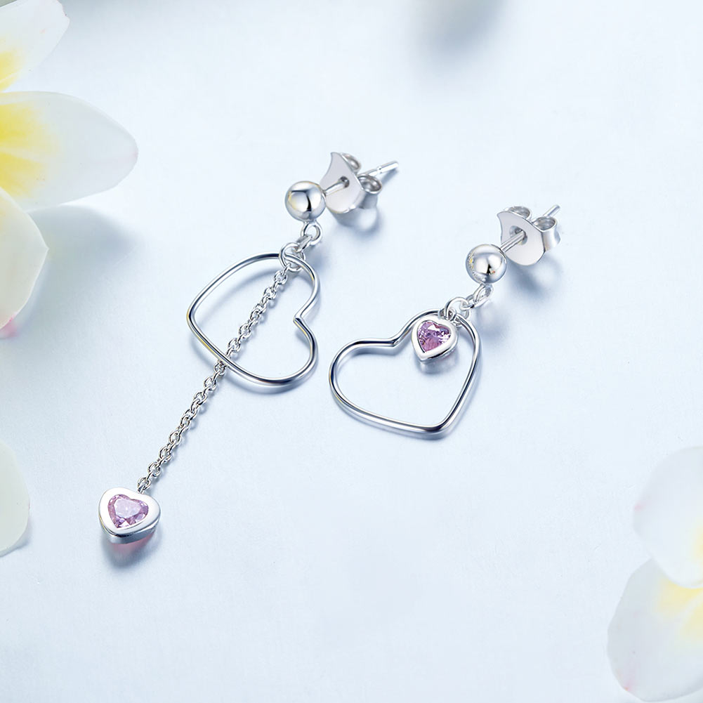 Pendientes colgantes de diamantes simulados rosas con corte de corazón en plata de ley