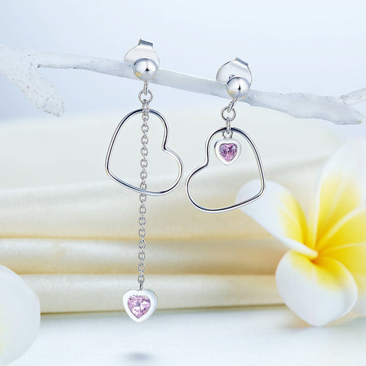 Heart Cut Pink Simulated Diamond Drop Earrings in Sterling Silver