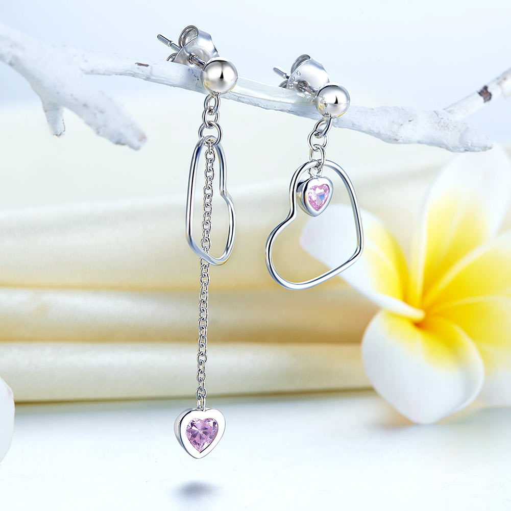 Pendientes colgantes de diamantes simulados rosas con corte de corazón en plata de ley