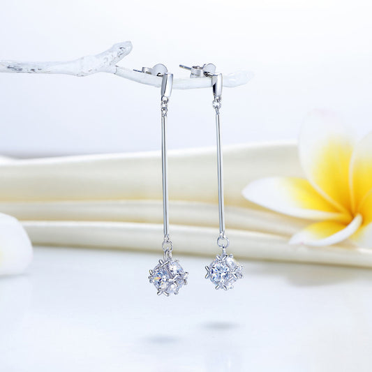 Cube Simulated Diamond Long Drop Earrings in Sterling Silver
