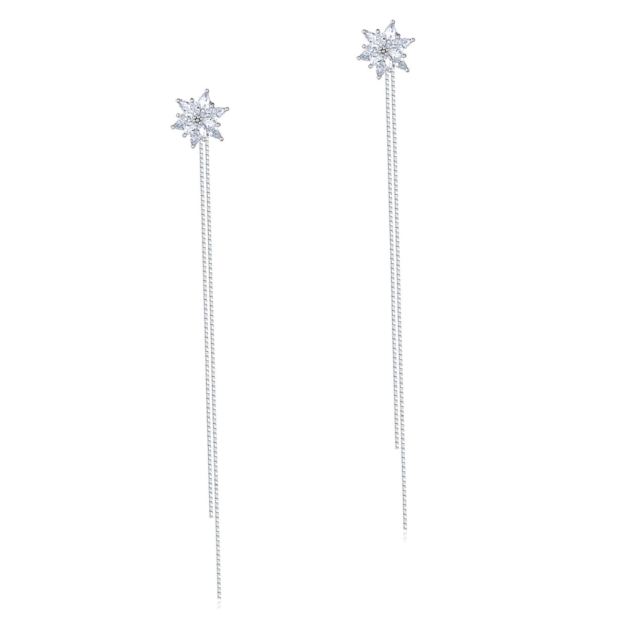 Pendientes largos de plata de ley con diamantes simulados y flores