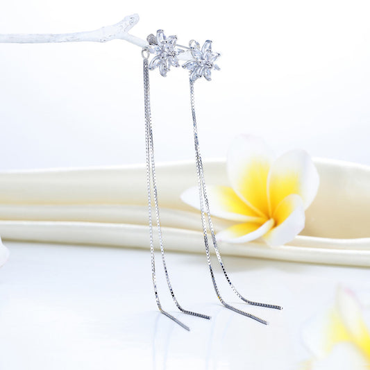 Flower Simulated Diamond Long Drop Earrings in Sterling Silver
