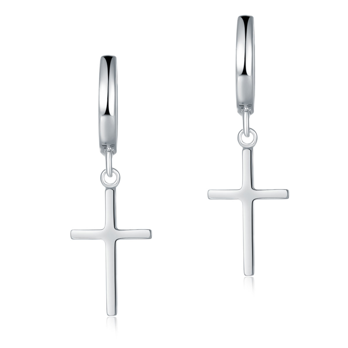 Cross Huggie Dangle Earrings in Sterling Silver