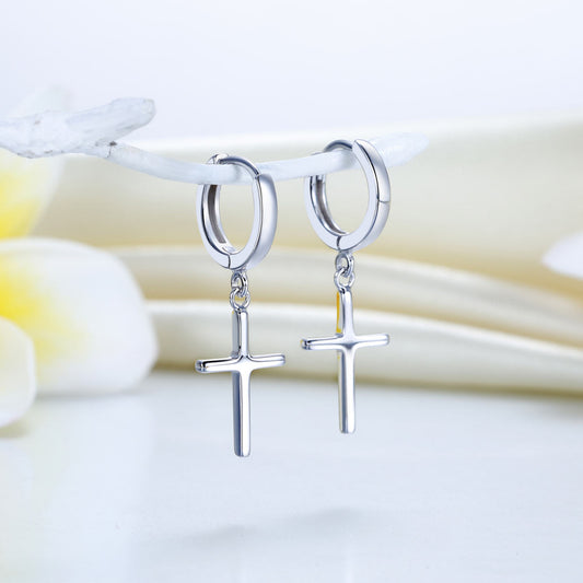 Cross Huggie Dangle Earrings in Sterling Silver