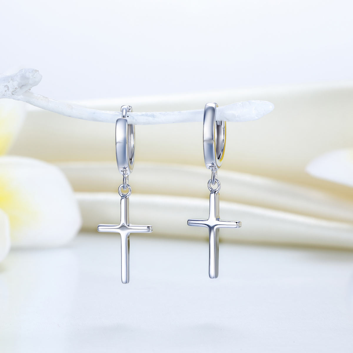 Cross Huggie Dangle Earrings in Sterling Silver