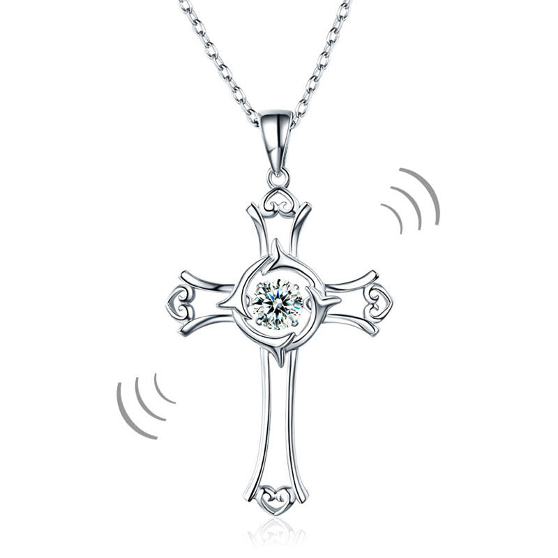 Cross Hearts Dancing Stone Pendant Necklace