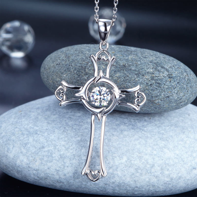 Cross Hearts Dancing Stone Pendant Necklace