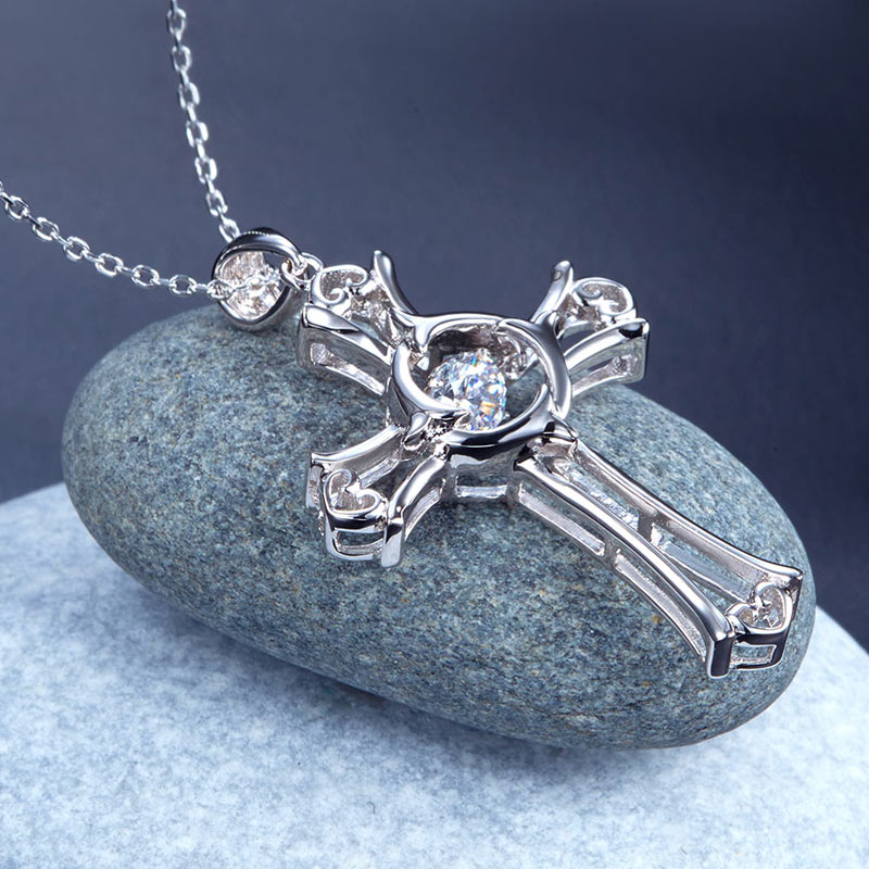 Cross Hearts Dancing Stone Pendant Necklace