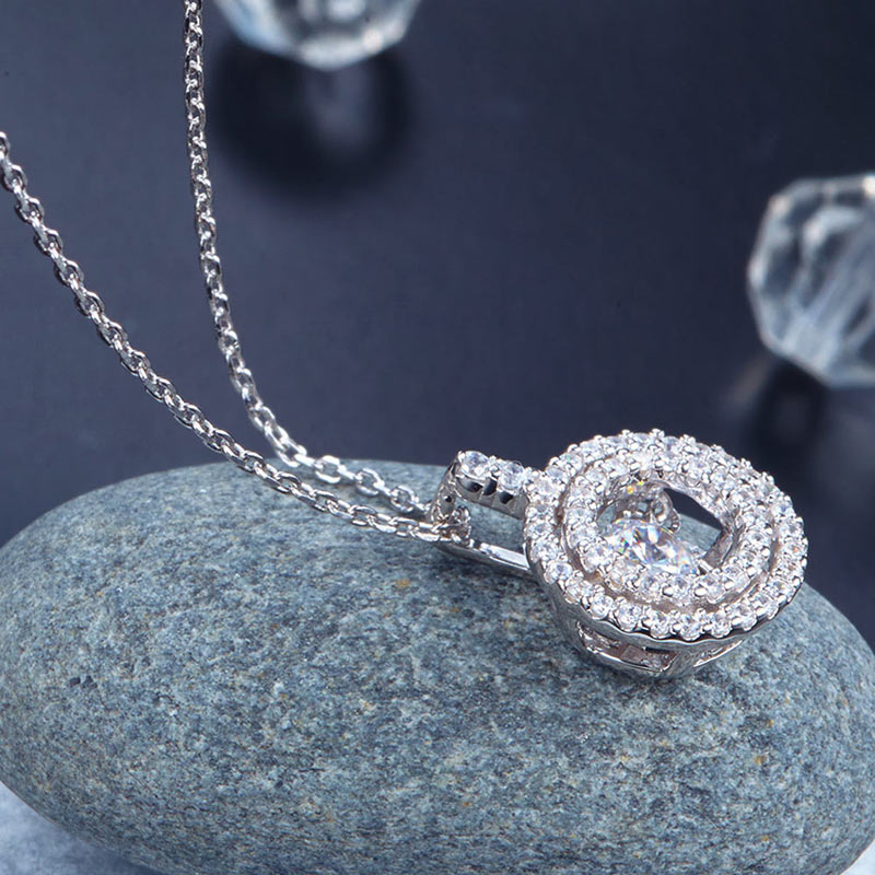 Double Halo Dancing Stone Pendant Necklace