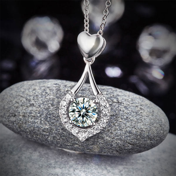 Simulated Diamond Heart Teardrop Pendant Necklace in Sterling Silver