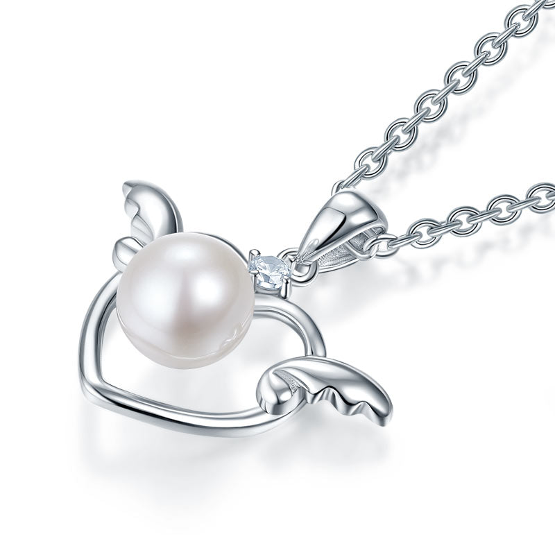 Angel Heart Freshwater Pearl Pendant Necklace in Sterling Silver for Girls