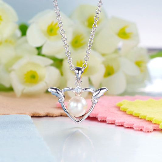 Angel Heart Freshwater Pearl Pendant Necklace in Sterling Silver for Girls
