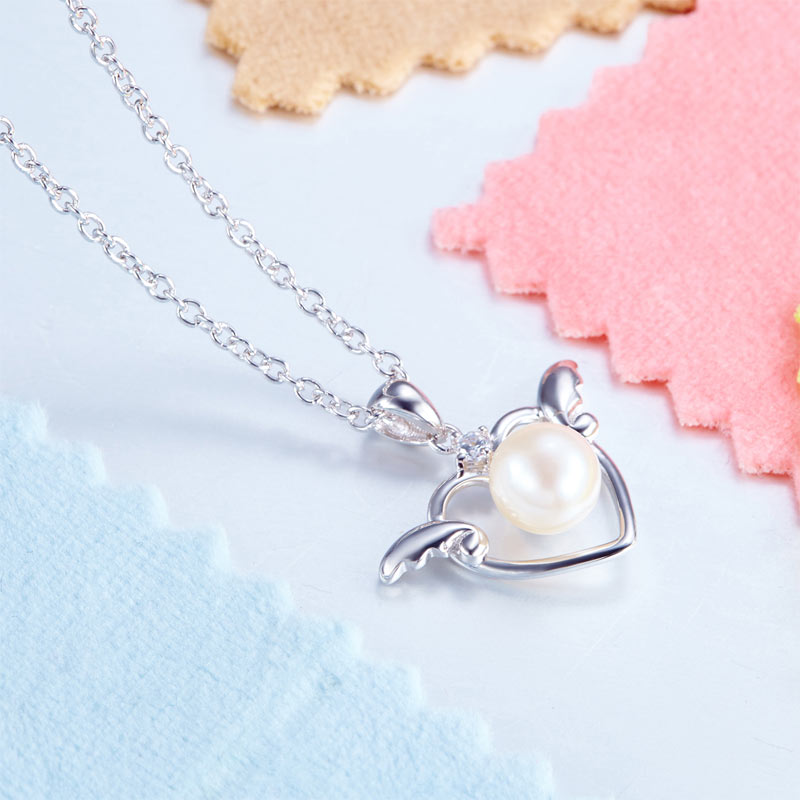 Angel Heart Freshwater Pearl Pendant Necklace in Sterling Silver for Girls