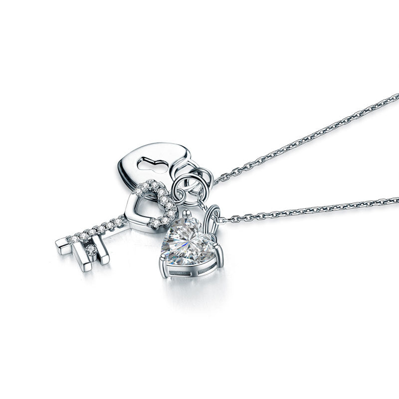 1.5 CT. Simulated Diamond Heart Lock Key Pendant Necklace in Sterling Silver