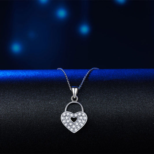 Simulated Diamond Love Heart Lock Pendant Necklace in Sterling Silver