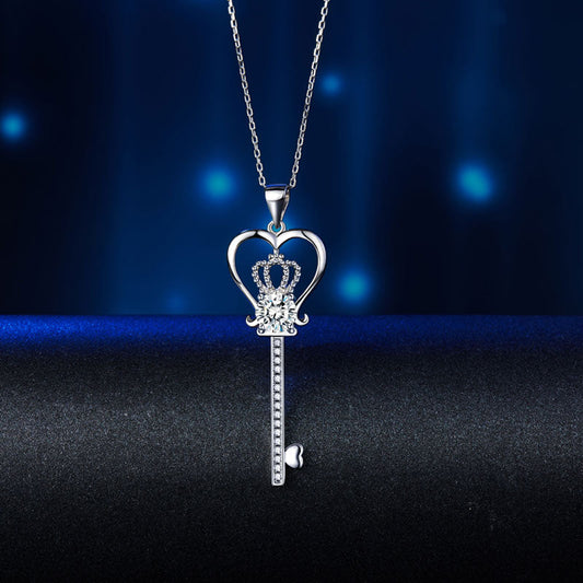 1.25 CT. Simulated Diamond Heart Crown Key Pendant Necklace in Sterling Silver