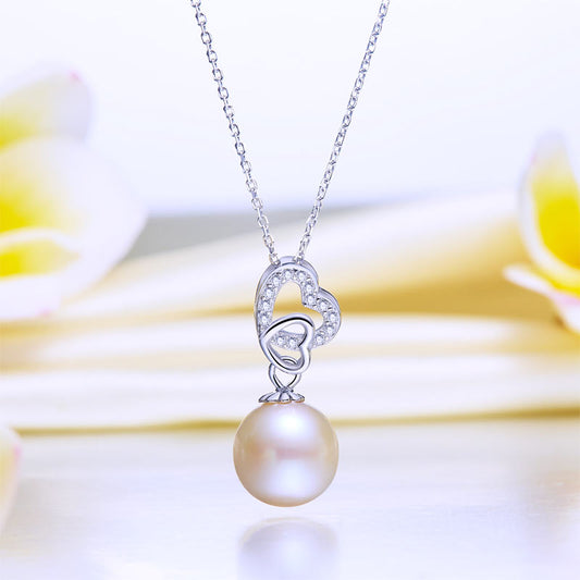 Freshwater Pearl Double Heart Pendant Necklace in Sterling Silver