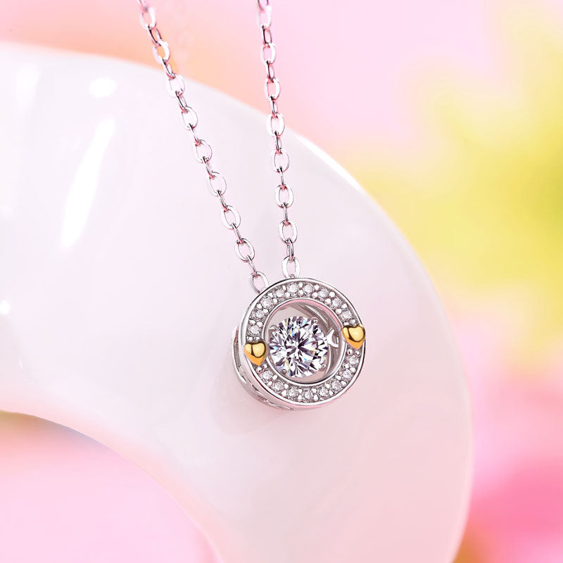 1 CT. Moissanite Diamond Dancing Stone Gold Hearts Round Pendant Necklace