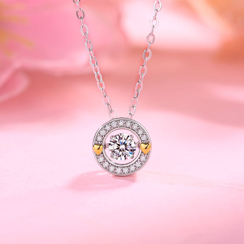 1 CT. Moissanite Diamond Dancing Stone Gold Hearts Round Pendant Necklace