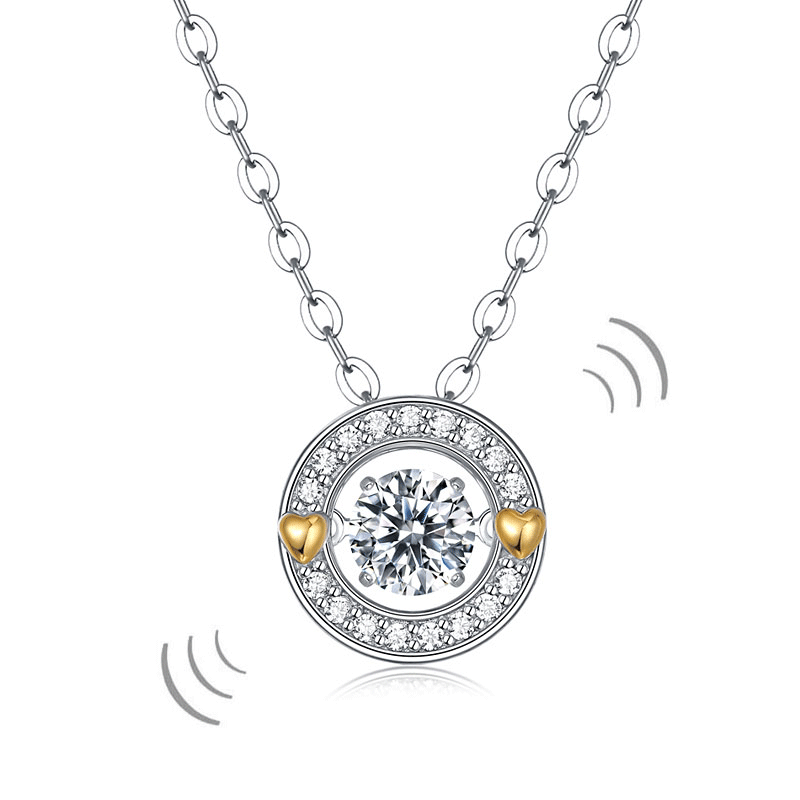 1 CT. Moissanite Diamond Dancing Stone Gold Hearts Round Pendant Necklace