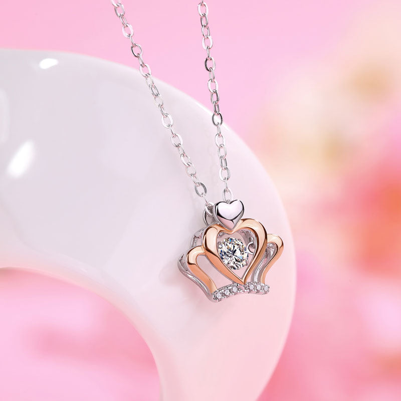 0.3 CT. Moissanite Diamond Dancing Stone Heart Crown Pendant Necklace