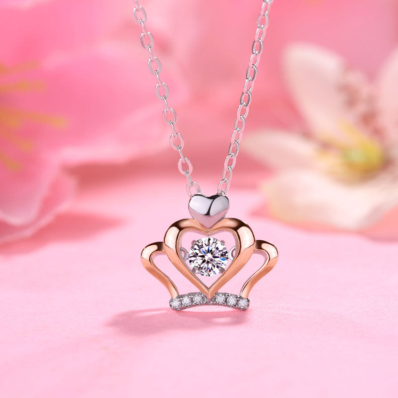 0.3 CT. Moissanite Diamond Dancing Stone Heart Crown Pendant Necklace