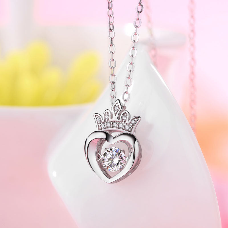 0.4 CT. Moissanite Diamond Dancing Stone Heart Crown Pendant Necklace