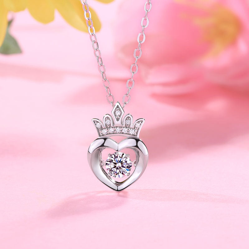 0.4 CT. Moissanite Diamond Dancing Stone Heart Crown Pendant Necklace