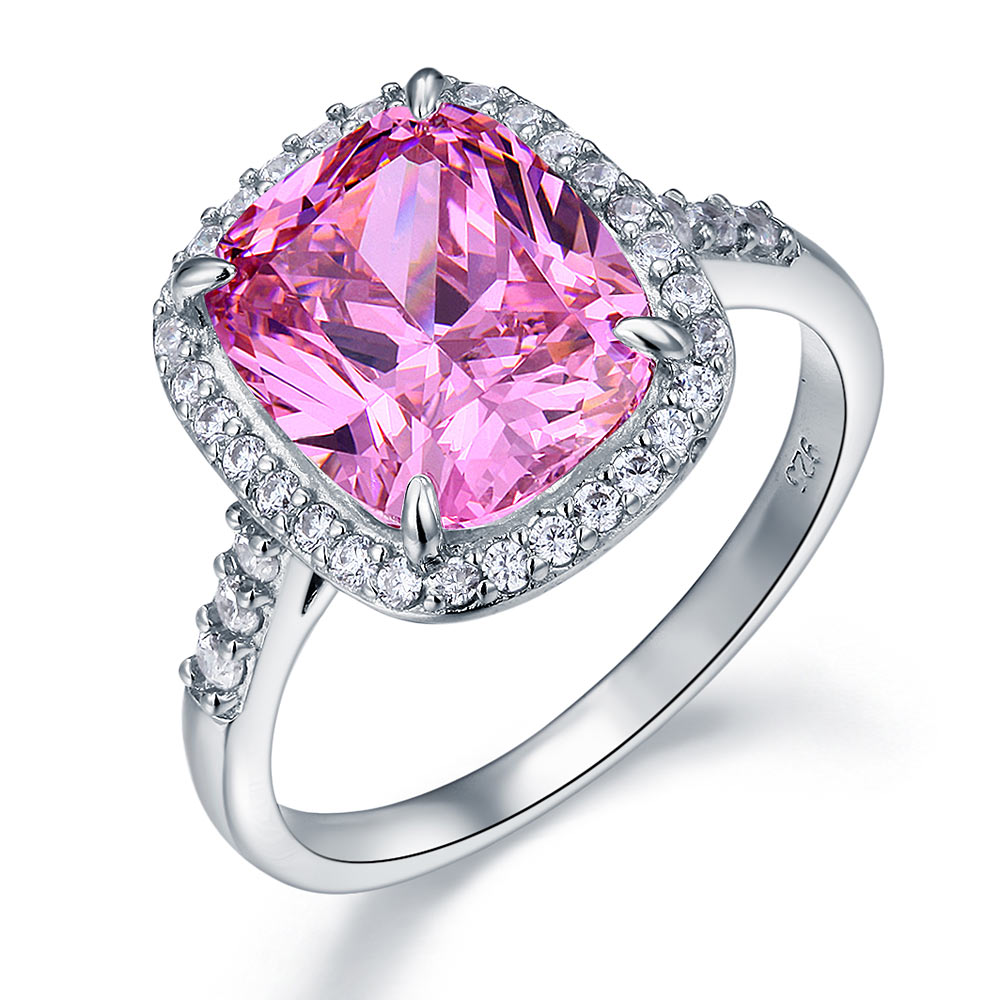 Anillo de plata de ley con halo de diamantes simulados rosas de talla cojín de 6 quilates