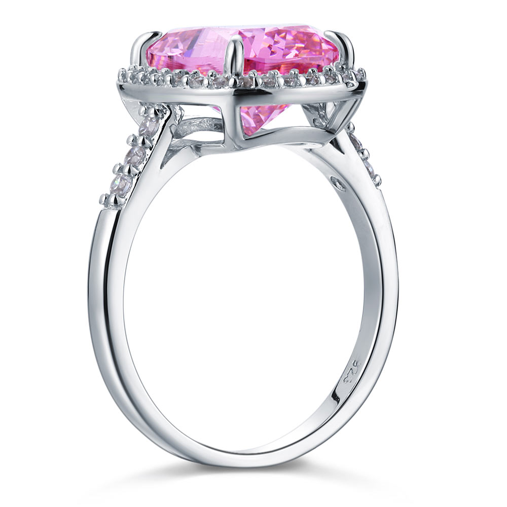 Anillo de plata de ley con halo de diamantes simulados rosas de talla cojín de 6 quilates