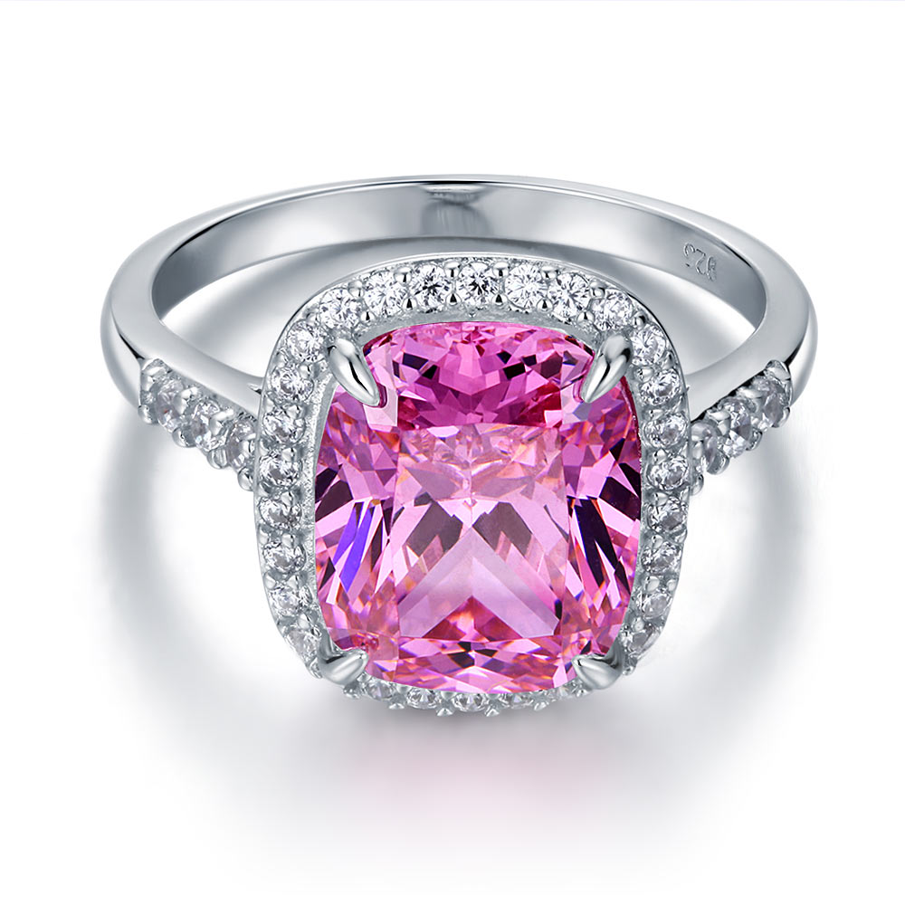 Anillo de plata de ley con halo de diamantes simulados rosas de talla cojín de 6 quilates