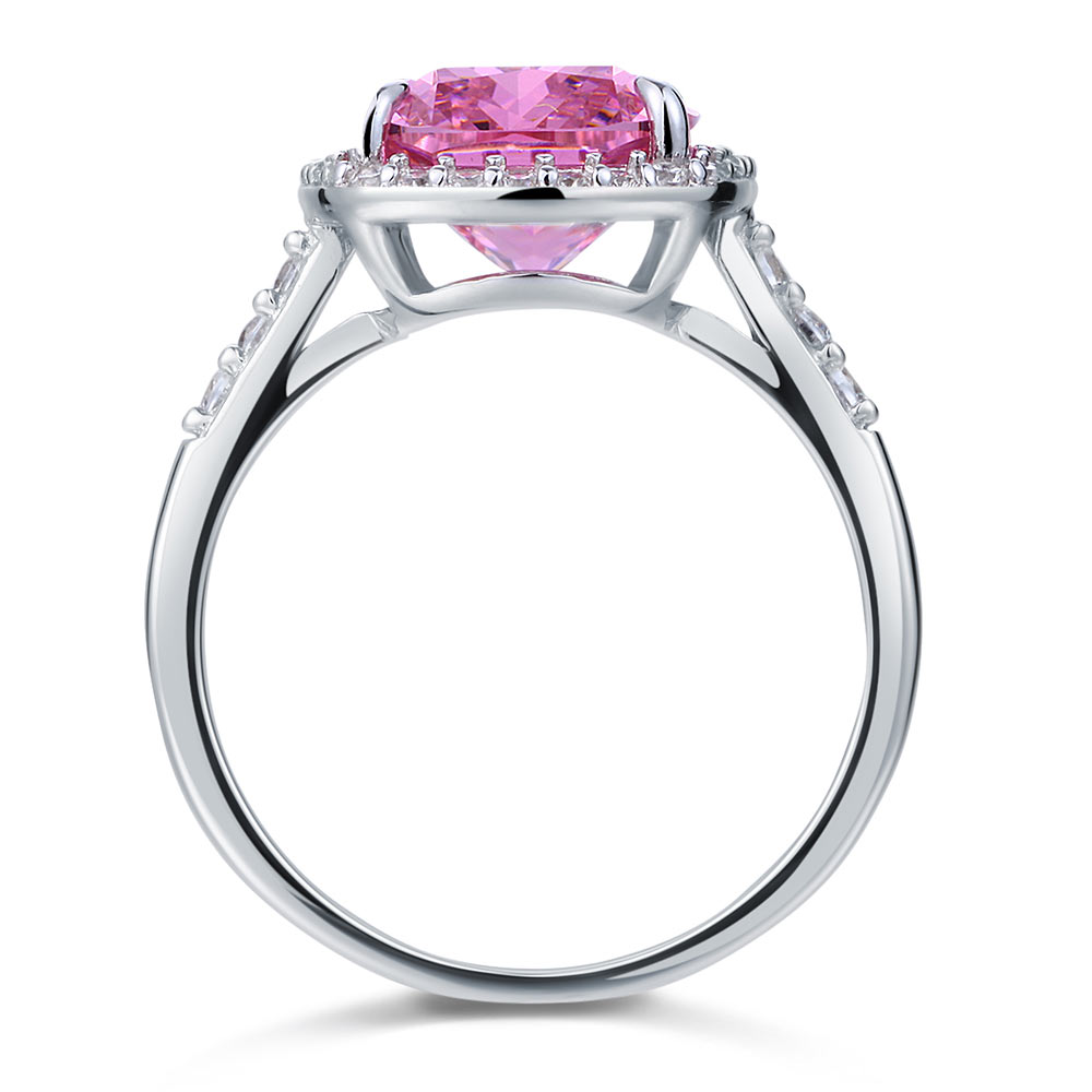 Anillo de plata de ley con halo de diamantes simulados rosas de talla cojín de 6 quilates