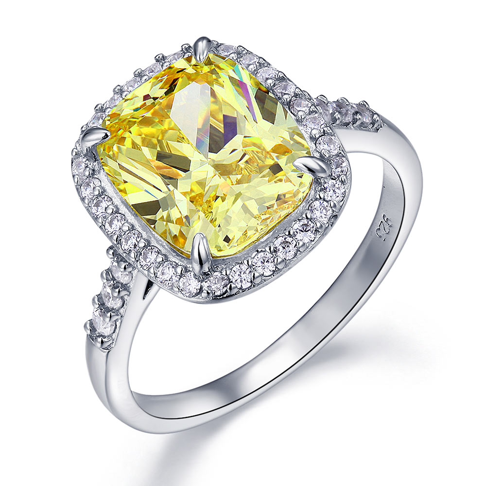 Anillo de plata de ley con halo de diamantes simulados amarillos de talla cojín de 6 quilates