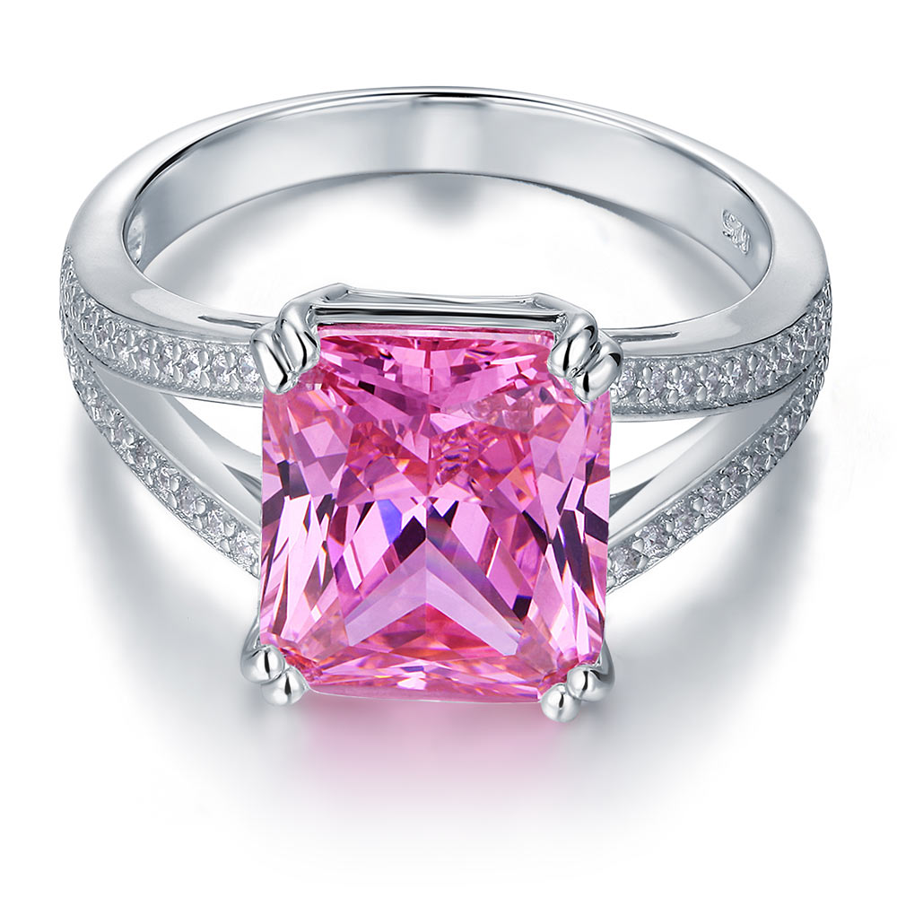 Anillo de 6 quilates con diamante rosa simulado de corte radiante y cuerpo dividido en plata de ley