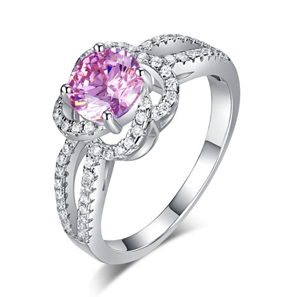 1 CT. Round Brilliant Cut Pink Simulated Diamond Floral Halo Ring in Sterling Silver