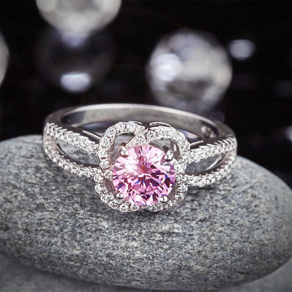 1 CT. Round Brilliant Cut Pink Simulated Diamond Floral Halo Ring in Sterling Silver