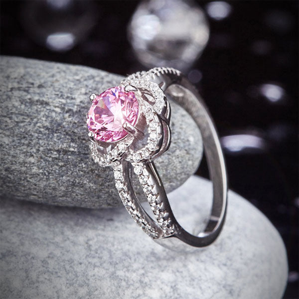 1 CT. Round Brilliant Cut Pink Simulated Diamond Floral Halo Ring in Sterling Silver