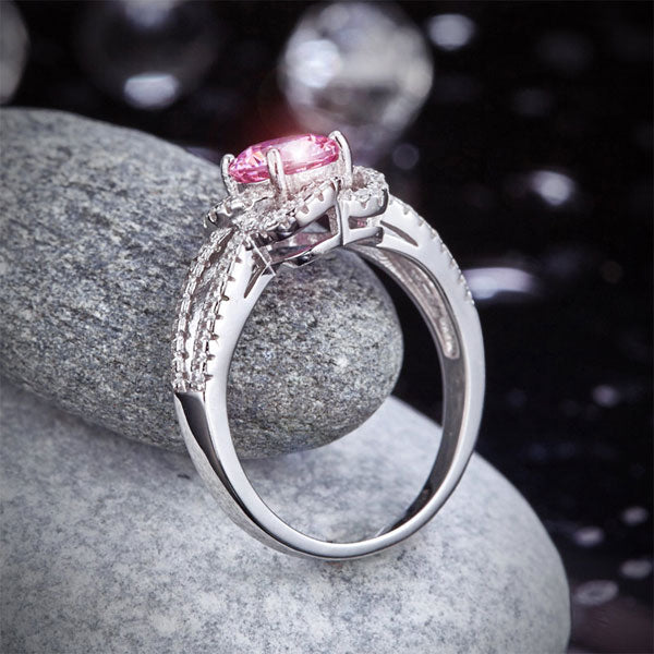 1 CT. Round Brilliant Cut Pink Simulated Diamond Floral Halo Ring in Sterling Silver