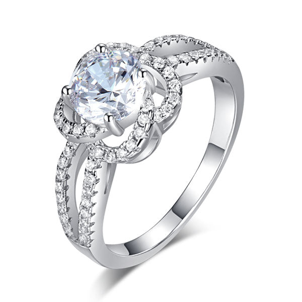 1 CT. Round Brilliant Cut Simulated Diamond Floral Halo Ring in Sterling Silver