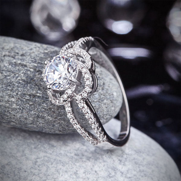 1 CT. Round Brilliant Cut Simulated Diamond Floral Halo Ring in Sterling Silver